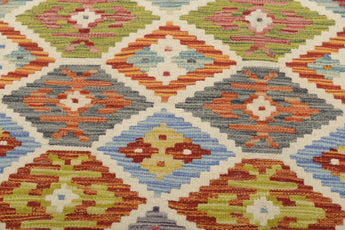 Orientmattor Kelim Chobi 64647 rug with traditional geometric patterns and earthy tones, woven textile decorative floor covering.