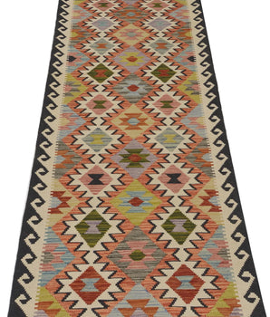 Colorful Orientmattor Kelim-Chobi 64651 rug with intricate geometric patterns and vibrant woven design.