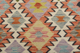 Orientmattor Kelim Chobi 64651 rug with intricate geometric patterns and warm earthy tones, showcasing traditional craftsmanship.