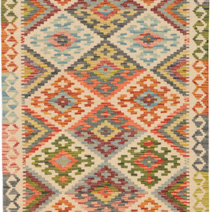 Kelim-Chobi 64660 by Orientmattor featuring intricate patterns and vibrant colors on a textured woven surface.
