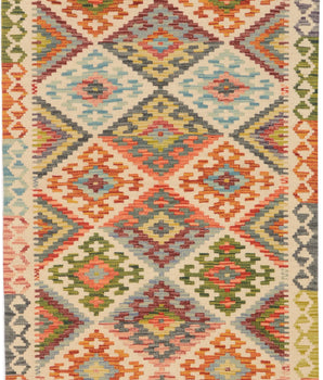 Kelim-Chobi 64660 by Orientmattor featuring intricate patterns and vibrant colors on a textured woven surface.