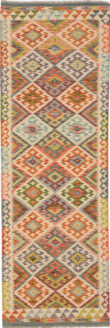 Kelim-Chobi 64660 by Orientmattor featuring intricate patterns and vibrant colors on a textured woven surface.