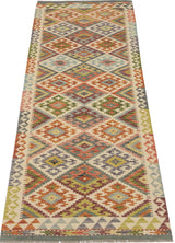 Kelim-Chobi 64660 by Orientmattor featuring intricate patterns and earthy tones in a handwoven textile design.