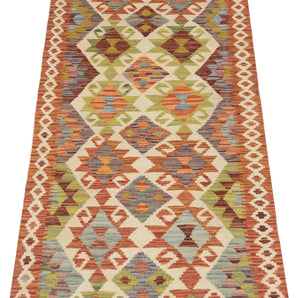 Orientmattor Kelim Chobi 64671 rug with intricate traditional patterns and warm earthy tones, showcasing detailed woven design.
