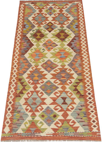 Orientmattor Kelim Chobi 64671 rug with intricate traditional patterns and warm earthy tones, showcasing detailed woven design.