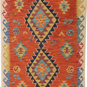 Orientmattor Kelim Chobi 64683 rug with intricate geometric patterns in earthy tones, showcasing traditional handwoven craftsmanship.