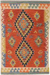 Orientmattor Kelim Chobi 64683 rug with intricate geometric patterns in earthy tones, showcasing traditional handwoven craftsmanship.