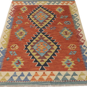 Orientmattor Kelim Chobi 64683 rug with traditional geometric patterns and warm earthy tones, woven textile for home decor.
