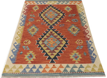 Orientmattor Kelim Chobi 64683 rug with traditional geometric patterns and warm earthy tones, woven textile for home decor.