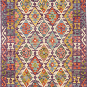 Orientmattor Kelim Chobi 64716 rug with intricate geometric patterns and warm earthy tones, showcasing traditional handwoven craftsmanship.