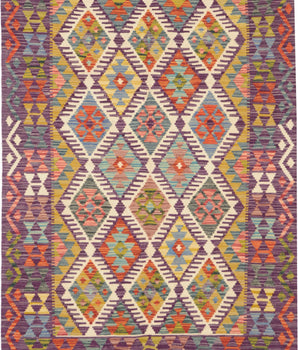 Orientmattor Kelim Chobi 64716 rug with intricate geometric patterns and warm earthy tones, showcasing traditional handwoven craftsmanship.