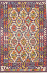 Orientmattor Kelim Chobi 64716 rug with intricate geometric patterns and warm earthy tones, showcasing traditional handwoven craftsmanship.