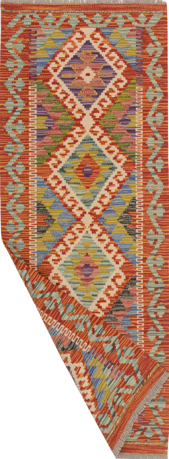 Kelim-Chobi 64729 by Orientmattor featuring intricate patterns and rich colors on a textured weave.
