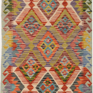 Orientmattor Kelim Chobi 64737 rug with intricate patterns and warm earthy tones, displayed on a neutral background.
