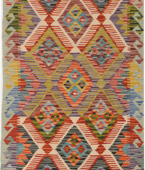 Orientmattor Kelim Chobi 64737 rug with intricate patterns and warm earthy tones, displayed on a neutral background.