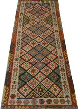Orientmattor Kelim Chobi 64743 rug with intricate geometric patterns and warm earthy tones, traditional handwoven design.