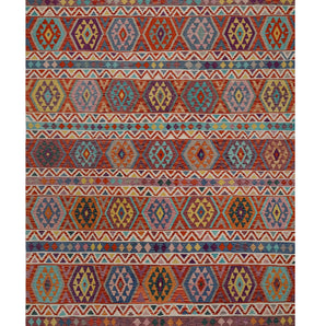 Kelim-Chobi 64896 by Orientmattor featuring intricate patterns and warm colors in a traditional woven design.