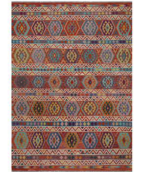 Kelim-Chobi 64896 by Orientmattor featuring intricate patterns and warm colors in a traditional woven design.