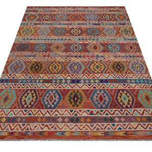 Kelim-Chobi 64896 by Orientmattor featuring intricate patterns and vibrant colors on a textured woven background.