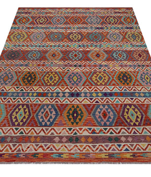 Kelim-Chobi 64896 by Orientmattor featuring intricate patterns and vibrant colors on a textured woven background.
