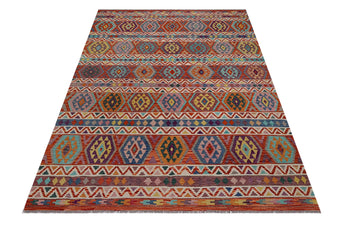 Kelim-Chobi 64896 by Orientmattor featuring intricate patterns and vibrant colors on a textured woven background.