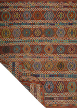 Kelim-Chobi 64896 by Orientmattor featuring intricate patterns and warm colors on a textured woven surface.