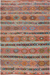 Orientmattor Kelim Chobi 64909 rug with intricate geometric patterns in warm earthy tones on a neutral background.