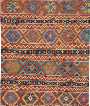 Colorful Orientmattor Kelim Chobi 64921 with intricate geometric patterns on woven textile background.