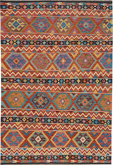 Colorful Orientmattor Kelim Chobi 64921 with intricate geometric patterns on woven textile background.