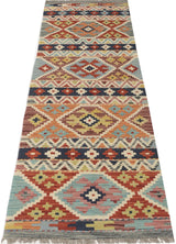 Kelim-Chobi 64967 by Orientmattor featuring intricate patterns and warm colors, showcasing a beautiful textile design.