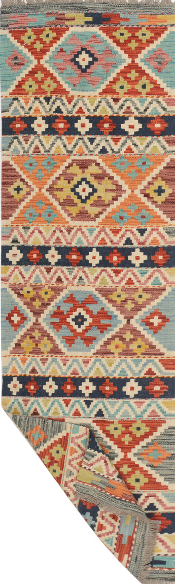 Kelim-Chobi 64967 by Orientmattor featuring intricate patterns and rich colors in a traditional woven design.