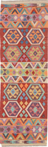Orientmattor Kelim-Chobi 64972 rug with intricate patterns in warm earthy tones, traditional woven design for decorative use.