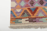 Colorful Orientmattor Kelim Chobi 64972 with geometric patterns on woven fiber background, showcasing traditional craftsmanship.