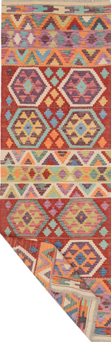 Colorful Kelim Chobi rug with intricate geometric patterns from Orientmattor, showcasing traditional handmade craftsmanship.