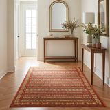 Orientmattor Kelim-Fars 43015 rug with intricate geometric patterns in warm earth tones, traditional woven design.