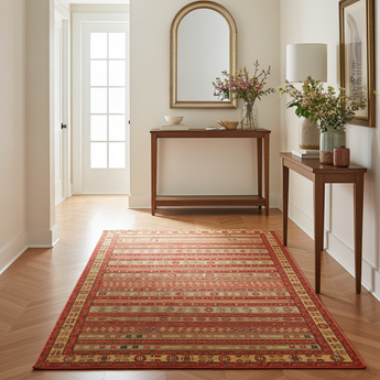 Orientmattor Kelim-Fars 43015 rug with intricate geometric patterns in warm earth tones, traditional woven design.