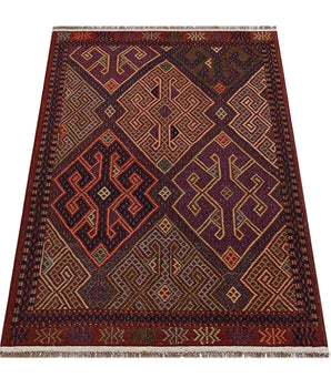 Kelim-Somak 64770 handmade Kelim rug by Orientmattor with geometric patterns and earthy tones, displayed on a neutral background.