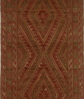 Orientmattor Mushvani 64759 Kelim rug with intricate geometric patterns and warm earthy tones on a woven surface.