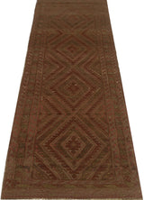 Orientmattor Mushvani Kelim rug with intricate geometric patterns, showcasing traditional handwoven craftsmanship and earthy tones.