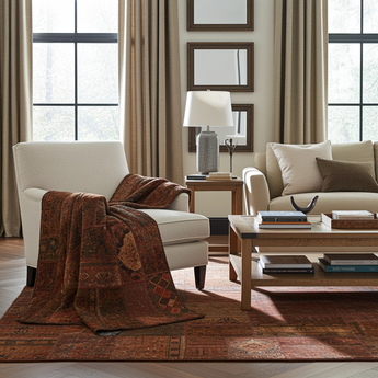 Colorful patchwork rug from Orientmattor with intricate geometric patterns and vibrant mixed fabric patches.