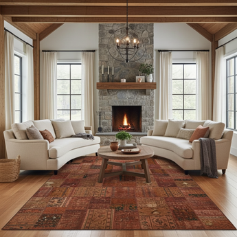 Colorful patchwork rug by Orientmattor featuring a vibrant, geometric patchwork design in various shades and patterns.