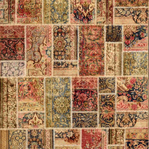 Colorful patchwork rug with geometric patterns from Orientmattor, showcasing vibrant fabric pieces and intricate stitching.