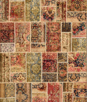 Colorful patchwork rug with geometric patterns from Orientmattor, showcasing vibrant fabric pieces and intricate stitching.
