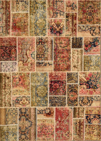 Colorful patchwork rug with geometric patterns from Orientmattor, showcasing vibrant fabric pieces and intricate stitching.