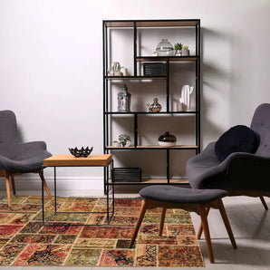 Colorful patchwork rug from Orientmattor with vibrant patterns and mixed fabric textures, showcasing a unique patchwork design.