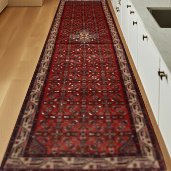 Handwoven Hamadan Oriental nomad carpet by Orientmattor, village-style rug with intricate patterns, measures 300 x 82 cm.