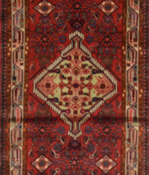 Handwoven Hamadan Oriental village carpet by Orientmattor, 303 x 80 cm, featuring traditional nomad design and vibrant colors.