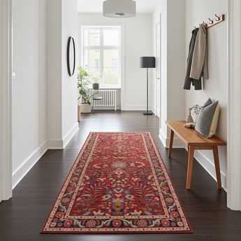 Handwoven Hamadan Oriental village carpet by Orientmattor, 314x78 cm with intricate traditional patterns on a woven textile background.