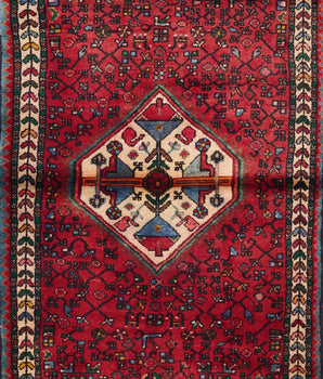 Handwoven Hamadan Persian village carpet by Orientmattor, 325 x 94 cm, featuring intricate traditional patterns.