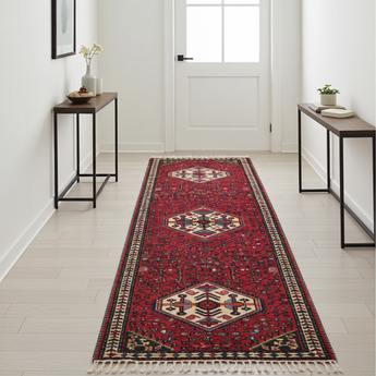 Handwoven Hamadan Persian village carpet by Orientmattor, 325x94 cm, featuring traditional patterns and rich colors.